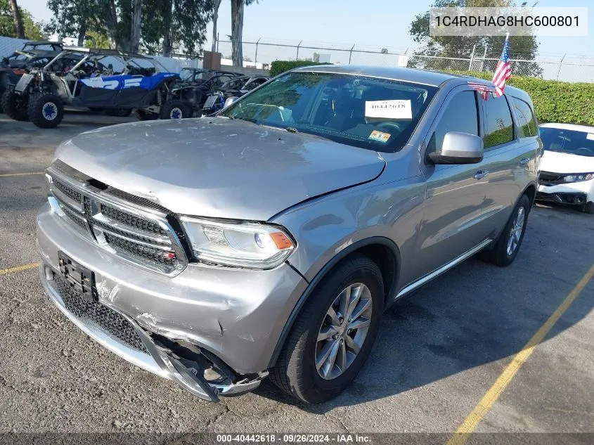 2017 Dodge Durango Sxt VIN: 1C4RDHAG8HC600801 Lot: 40442618