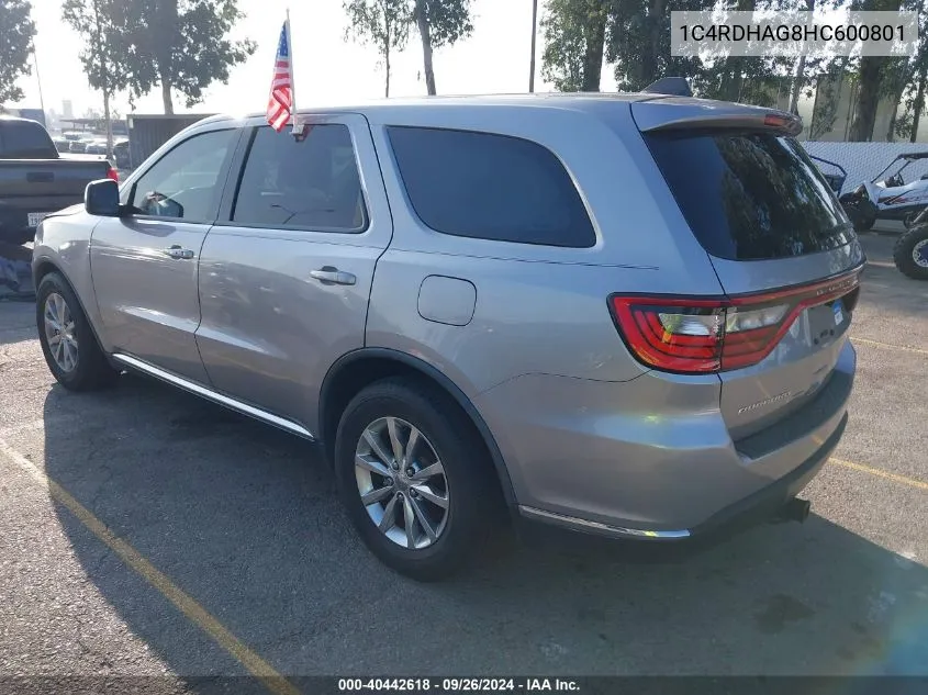 2017 Dodge Durango Sxt VIN: 1C4RDHAG8HC600801 Lot: 40442618