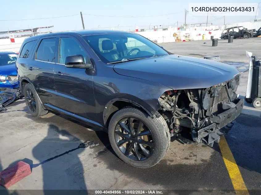 2017 Dodge Durango Gt Rwd VIN: 1C4RDHDG2HC643431 Lot: 40494956