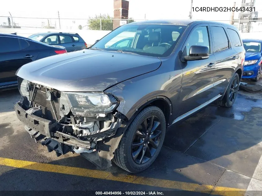 2017 Dodge Durango Gt Rwd VIN: 1C4RDHDG2HC643431 Lot: 40494956