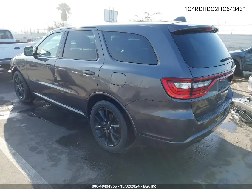 1C4RDHDG2HC643431 2017 Dodge Durango Gt Rwd