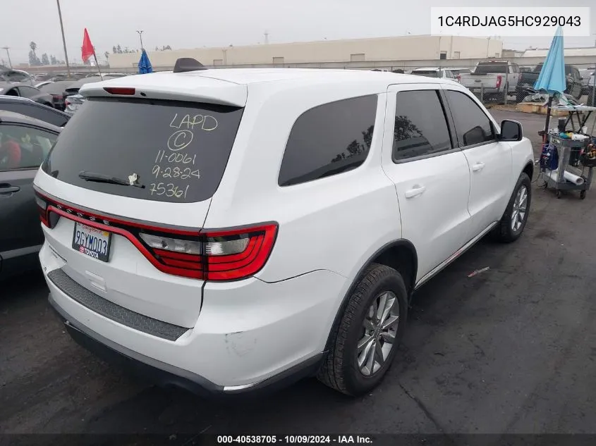 2017 Dodge Durango Sxt VIN: 1C4RDJAG5HC929043 Lot: 40538705