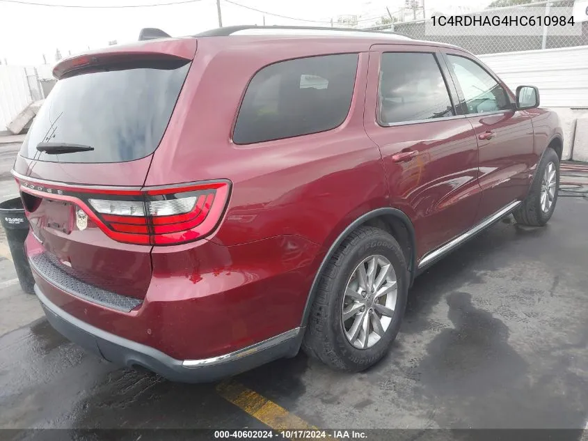 2017 Dodge Durango Sxt Rwd VIN: 1C4RDHAG4HC610984 Lot: 40602024