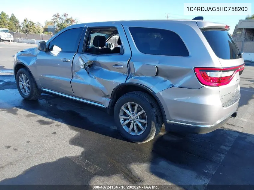 2017 Dodge Durango Sxt Awd VIN: 1C4RDJAG5HC758200 Lot: 40724184