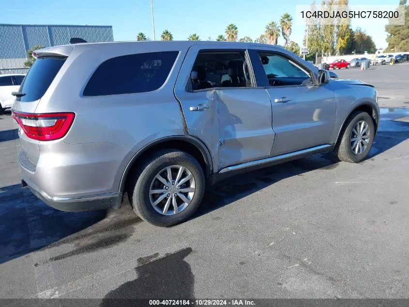 2017 Dodge Durango Sxt Awd VIN: 1C4RDJAG5HC758200 Lot: 40724184