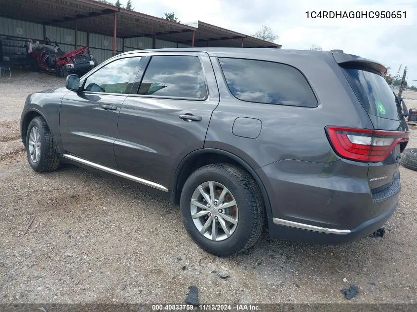 2017 Dodge Durango Sxt Rwd VIN: 1C4RDHAG0HC950651 Lot: 40833759