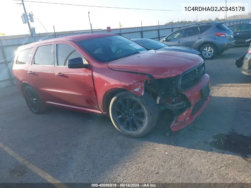 2018 Dodge Durango Sxt Rwd VIN: 1C4RDHAG2JC345178 Lot: 40096919