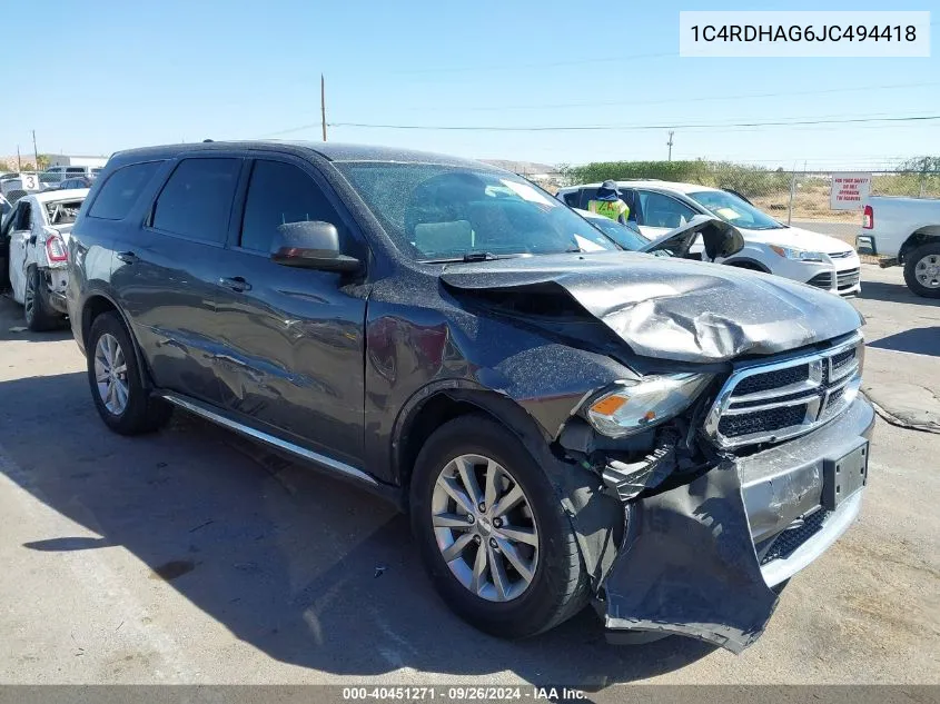 2018 Dodge Durango Sxt VIN: 1C4RDHAG6JC494418 Lot: 40451271