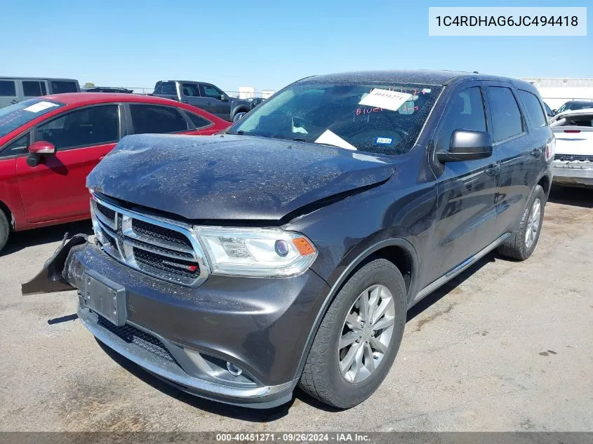 2018 Dodge Durango Sxt VIN: 1C4RDHAG6JC494418 Lot: 40451271