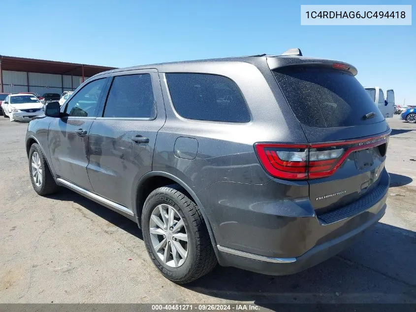 2018 Dodge Durango Sxt VIN: 1C4RDHAG6JC494418 Lot: 40451271