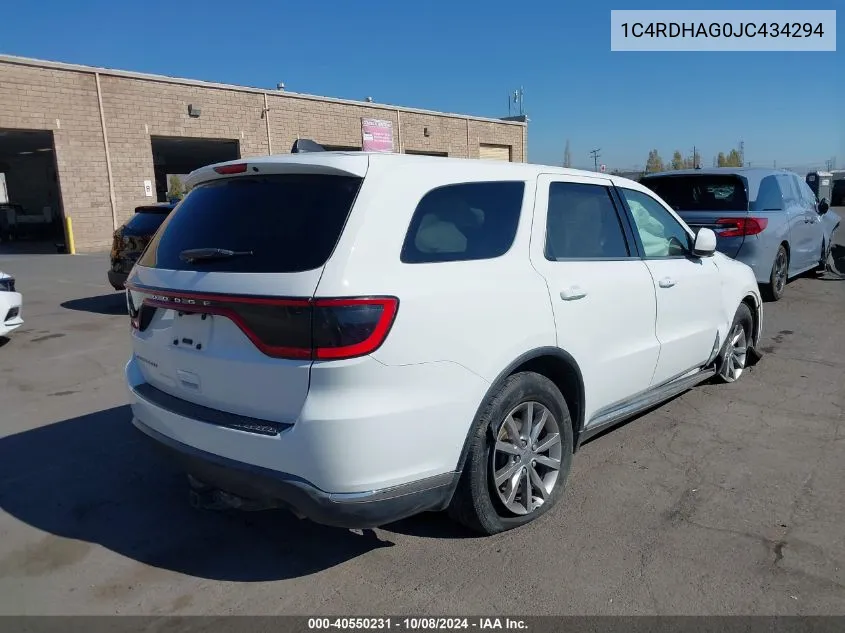 2018 Dodge Durango Sxt Rwd VIN: 1C4RDHAG0JC434294 Lot: 40550231