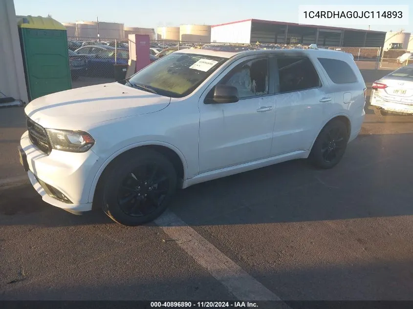 2018 Dodge Durango Sxt Rwd VIN: 1C4RDHAG0JC114893 Lot: 40896890