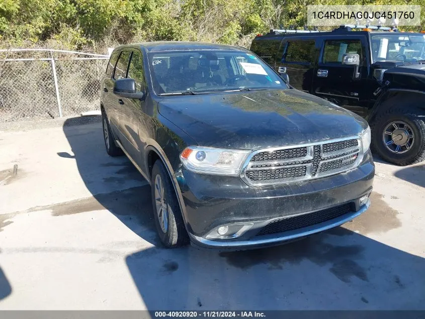 2018 Dodge Durango Sxt VIN: 1C4RDHAG0JC451760 Lot: 40920920