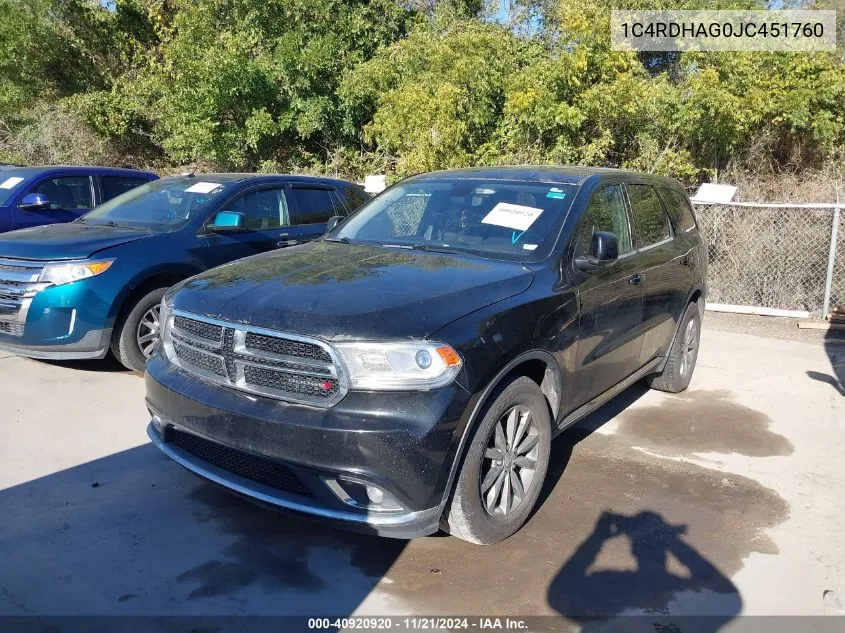 2018 Dodge Durango Sxt VIN: 1C4RDHAG0JC451760 Lot: 40920920