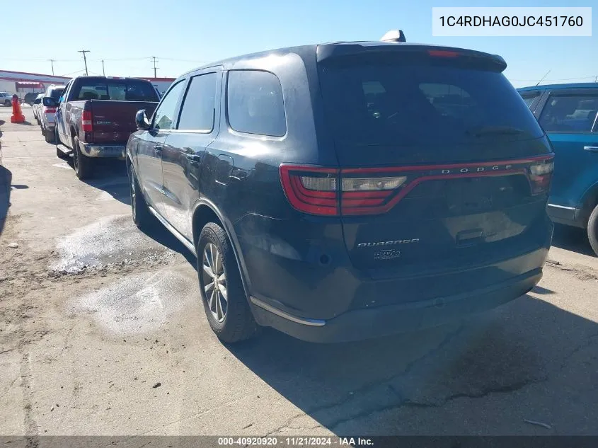 2018 Dodge Durango Sxt VIN: 1C4RDHAG0JC451760 Lot: 40920920