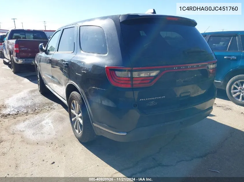 2018 Dodge Durango Sxt VIN: 1C4RDHAG0JC451760 Lot: 40920920