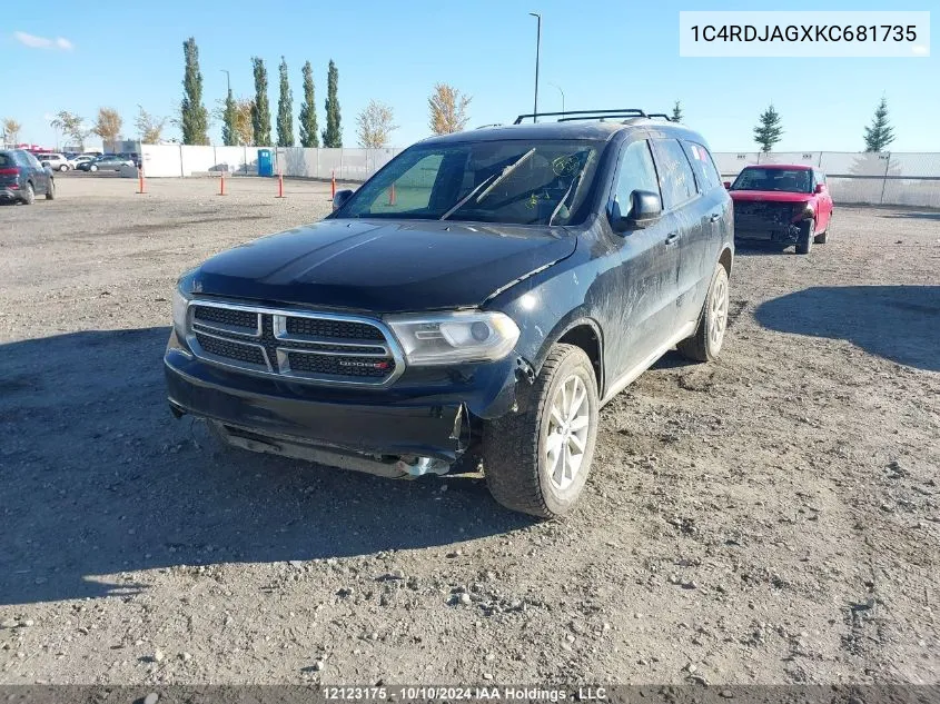 2019 Dodge Durango Sxt VIN: 1C4RDJAGXKC681735 Lot: 12123175