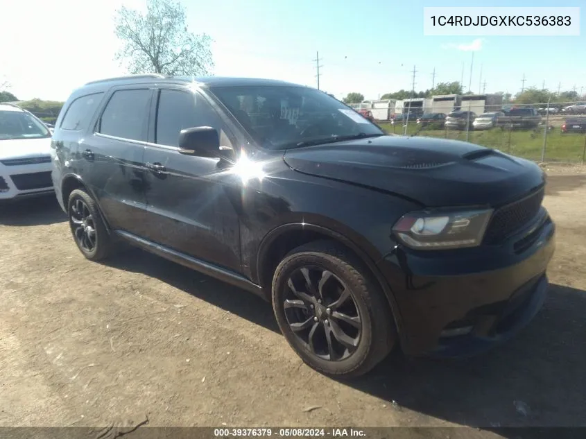 2019 Dodge Durango Gt Plus Awd VIN: 1C4RDJDGXKC536383 Lot: 39376379