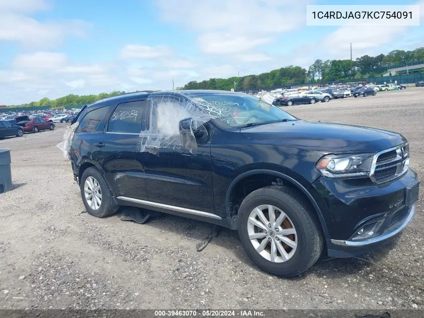 2019 Dodge Durango Sxt Awd VIN: 1C4RDJAG7KC754091 Lot: 39463070