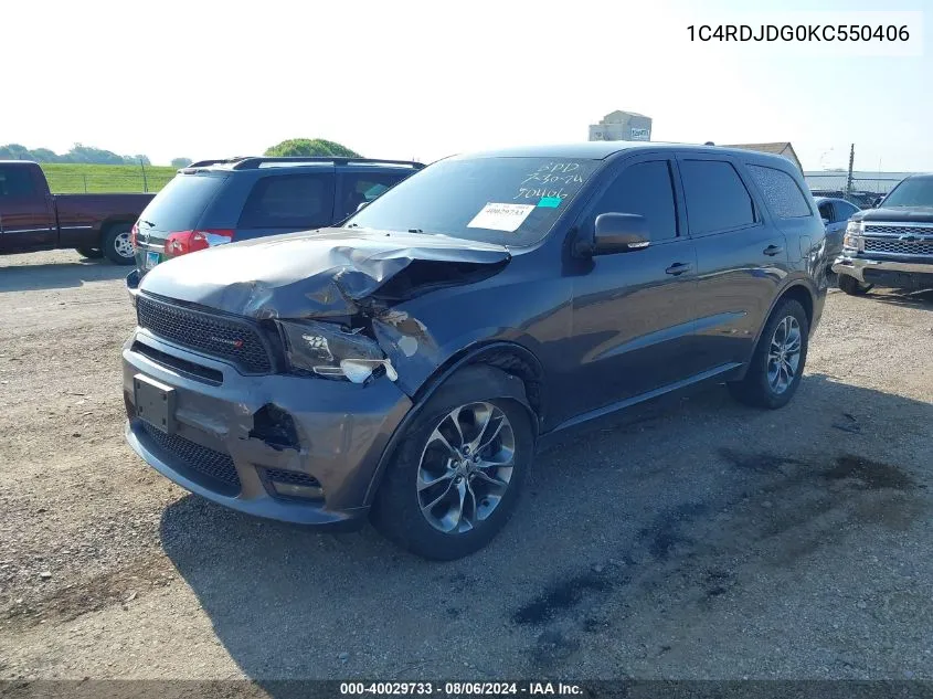 2019 Dodge Durango Gt Plus Awd VIN: 1C4RDJDG0KC550406 Lot: 40029733