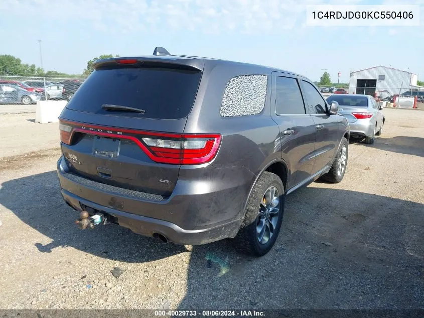 2019 Dodge Durango Gt Plus Awd VIN: 1C4RDJDG0KC550406 Lot: 40029733