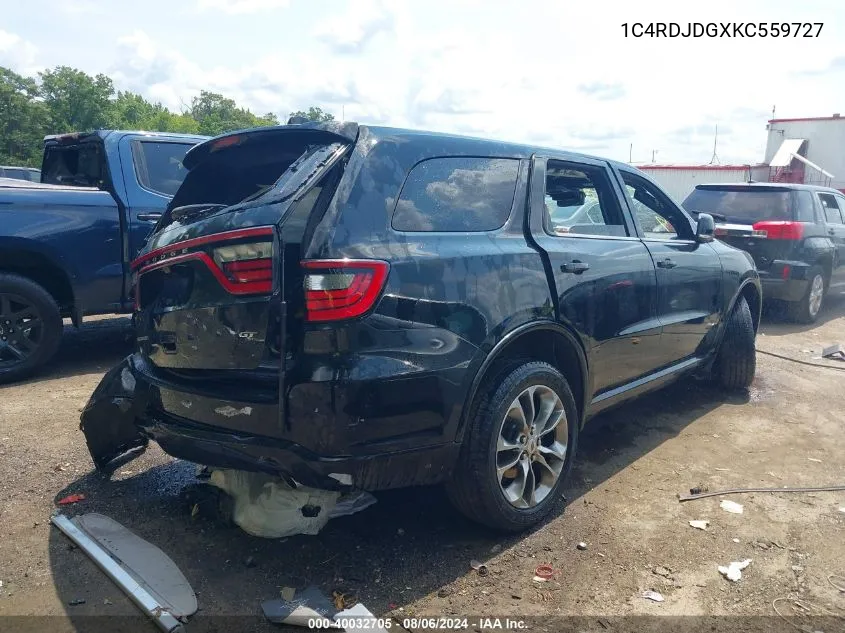 2019 Dodge Durango Gt Plus Awd VIN: 1C4RDJDGXKC559727 Lot: 40032705