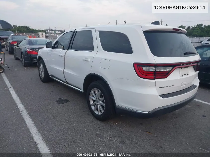 2019 Dodge Durango Sxt Rwd VIN: 1C4RDHAG1KC684614 Lot: 40103173