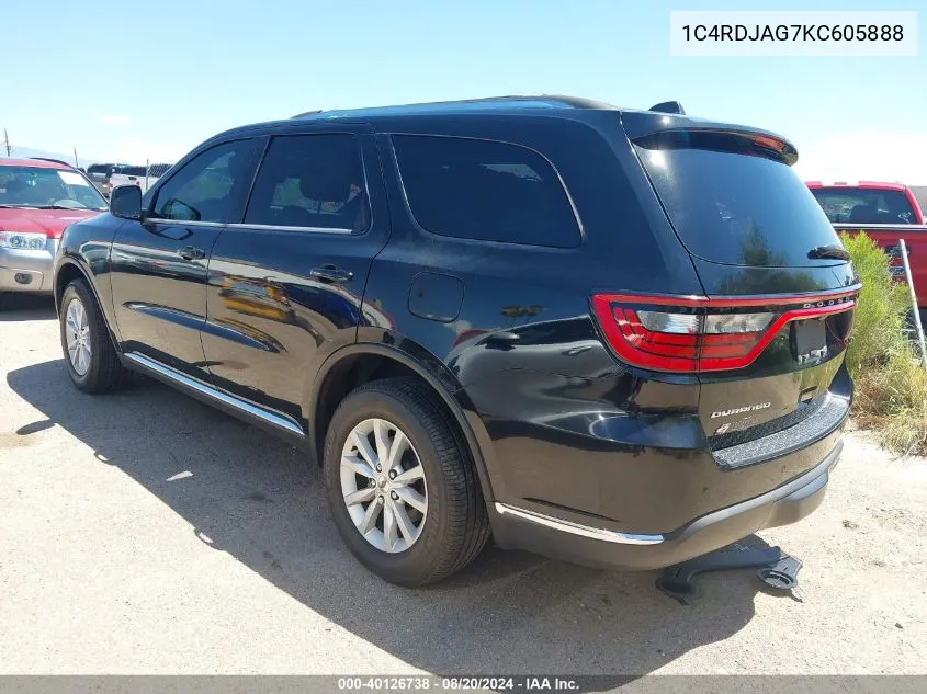 2019 Dodge Durango Sxt VIN: 1C4RDJAG7KC605888 Lot: 40126738