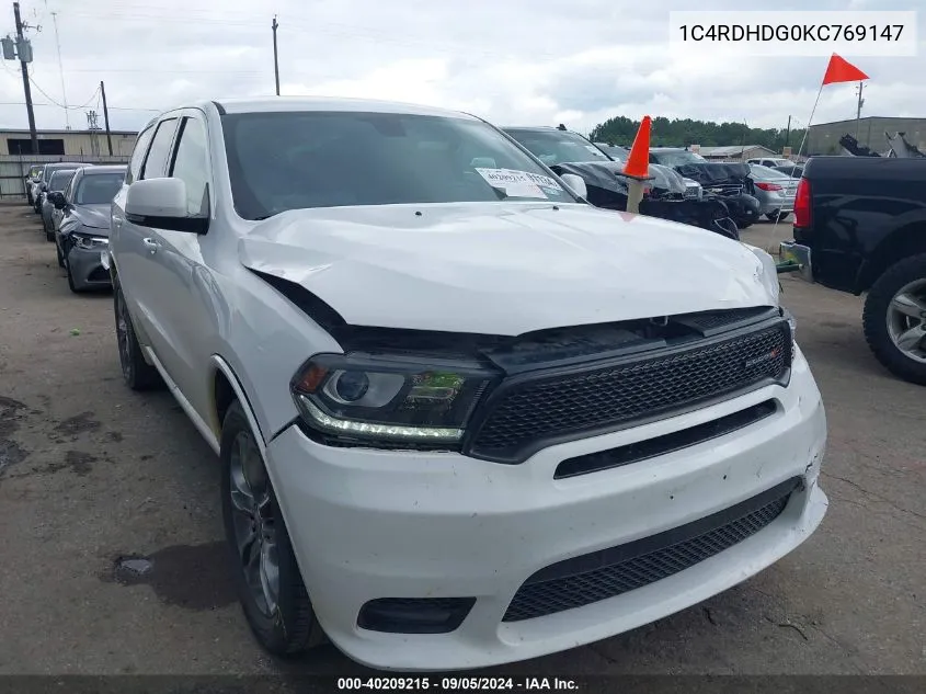 2019 Dodge Durango Gt VIN: 1C4RDHDG0KC769147 Lot: 40209215