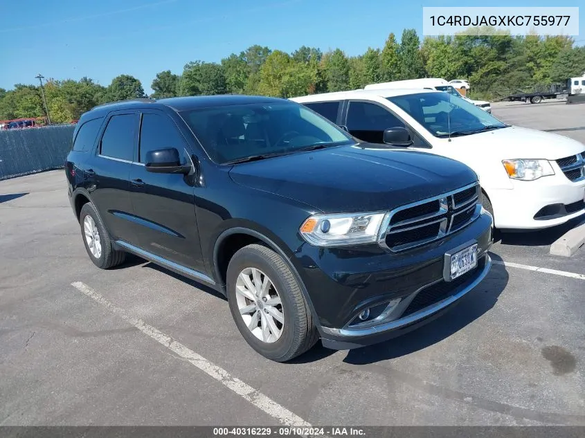 2019 Dodge Durango Sxt VIN: 1C4RDJAGXKC755977 Lot: 40316229