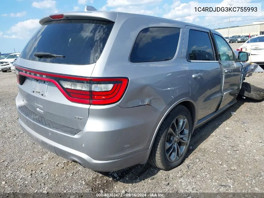 2019 Dodge Durango Gt Plus Awd VIN: 1C4RDJDG3KC755993 Lot: 40352472