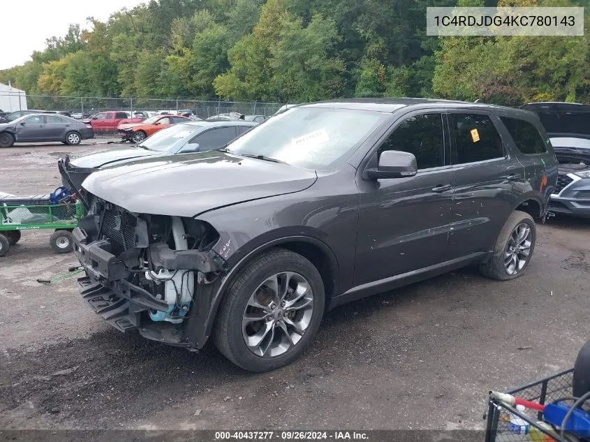 2019 Dodge Durango Gt VIN: 1C4RDJDG4KC780143 Lot: 40437277