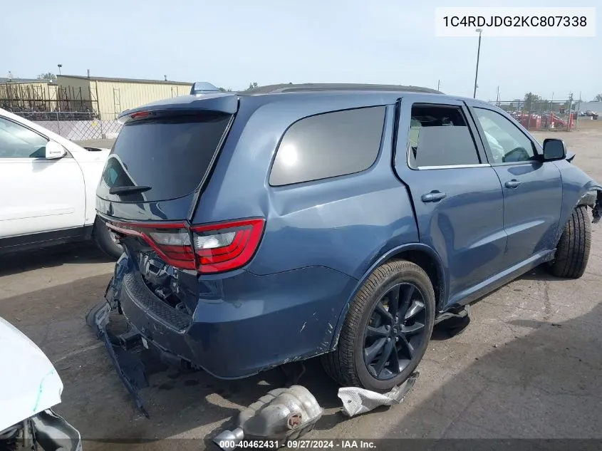 2019 Dodge Durango Gt Plus Awd VIN: 1C4RDJDG2KC807338 Lot: 40462431