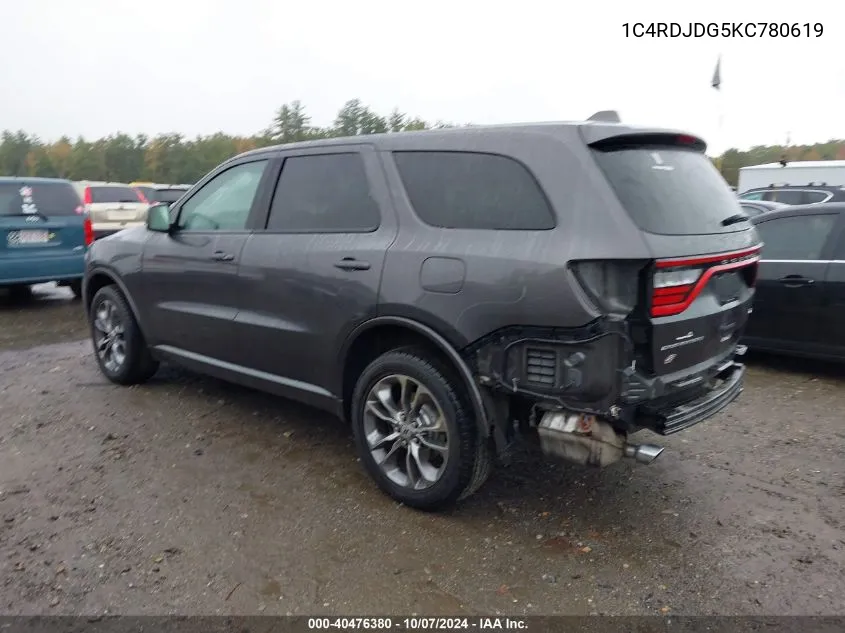 2019 Dodge Durango Gt VIN: 1C4RDJDG5KC780619 Lot: 40476380