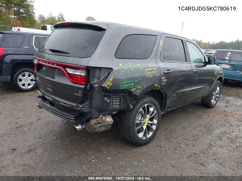 2019 Dodge Durango Gt VIN: 1C4RDJDG5KC780619 Lot: 40476380