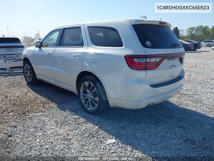 2019 Dodge Durango Gt Plus Rwd VIN: 1C4RDHDGXKC650523 Lot: 40558358