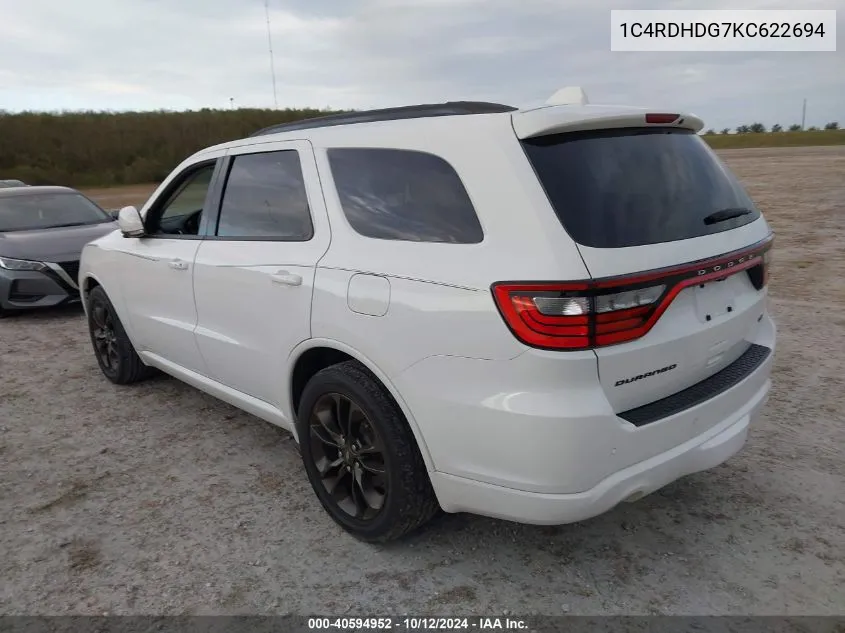 2019 Dodge Durango Gt Plus Rwd VIN: 1C4RDHDG7KC622694 Lot: 40594952