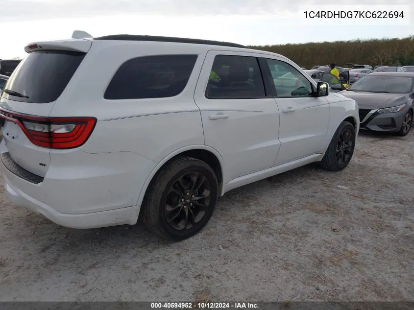 2019 Dodge Durango Gt Plus Rwd VIN: 1C4RDHDG7KC622694 Lot: 40594952