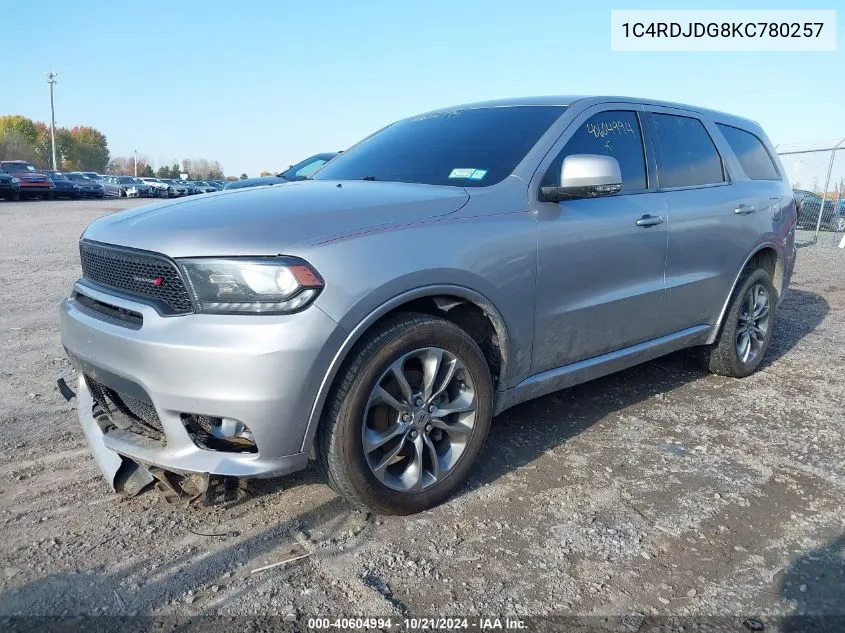 2019 Dodge Durango Gt VIN: 1C4RDJDG8KC780257 Lot: 40604994