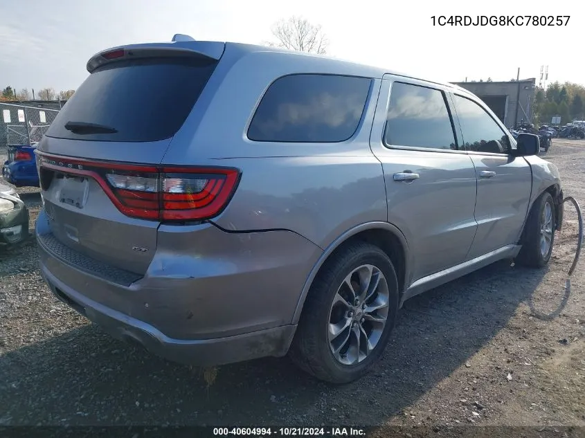 2019 Dodge Durango Gt VIN: 1C4RDJDG8KC780257 Lot: 40604994