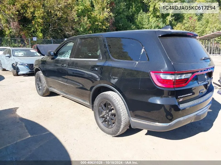 2019 Dodge Durango Sxt Awd VIN: 1C4RDJAG5KC617294 Lot: 40631028