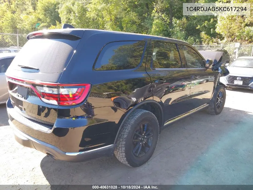 2019 Dodge Durango Sxt Awd VIN: 1C4RDJAG5KC617294 Lot: 40631028