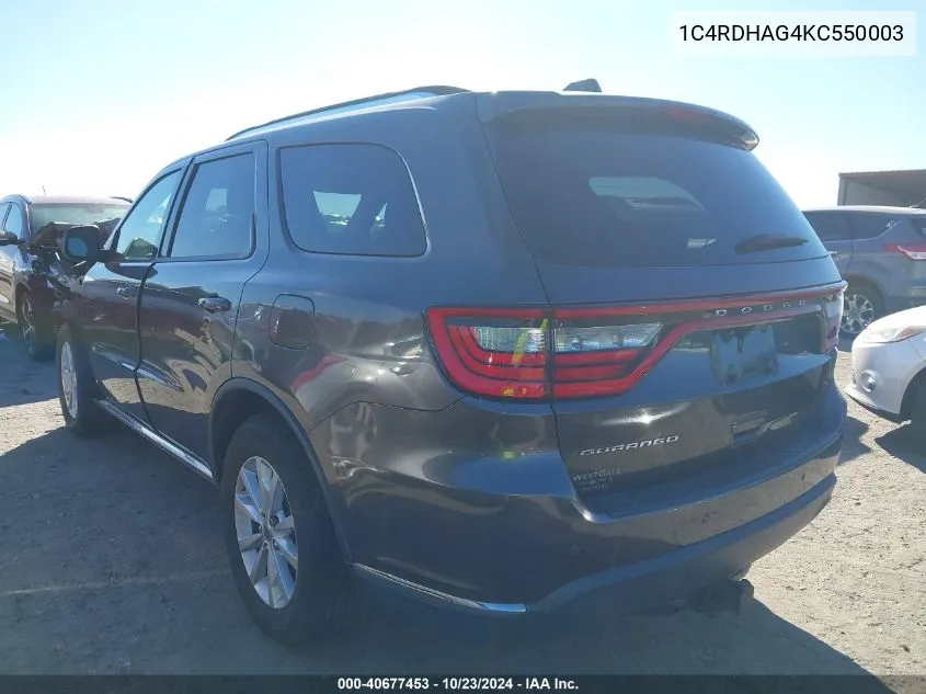 1C4RDHAG4KC550003 2019 Dodge Durango Sxt Plus Rwd