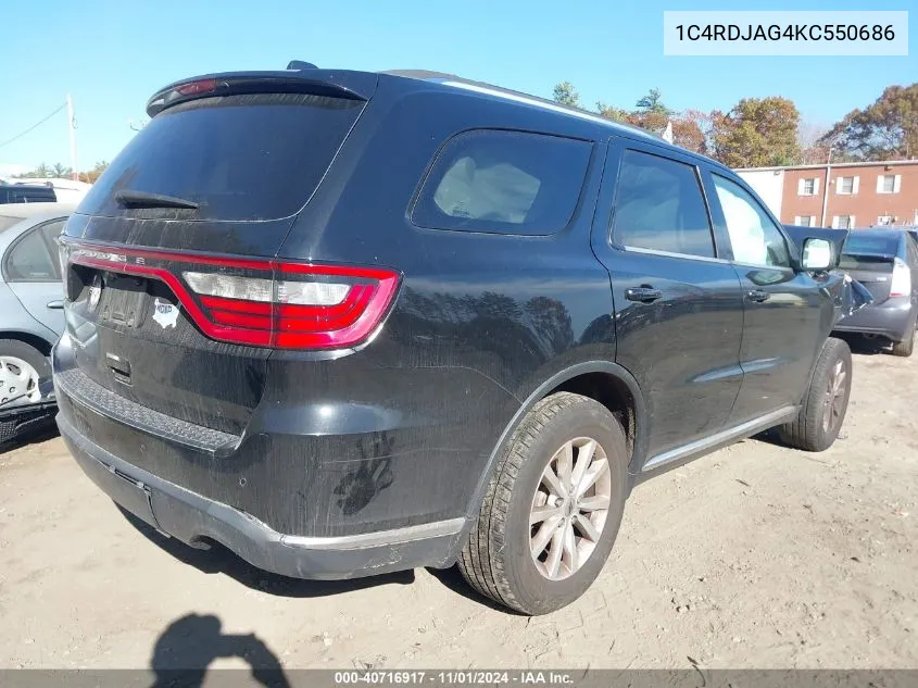 2019 Dodge Durango Sxt Awd VIN: 1C4RDJAG4KC550686 Lot: 40716917