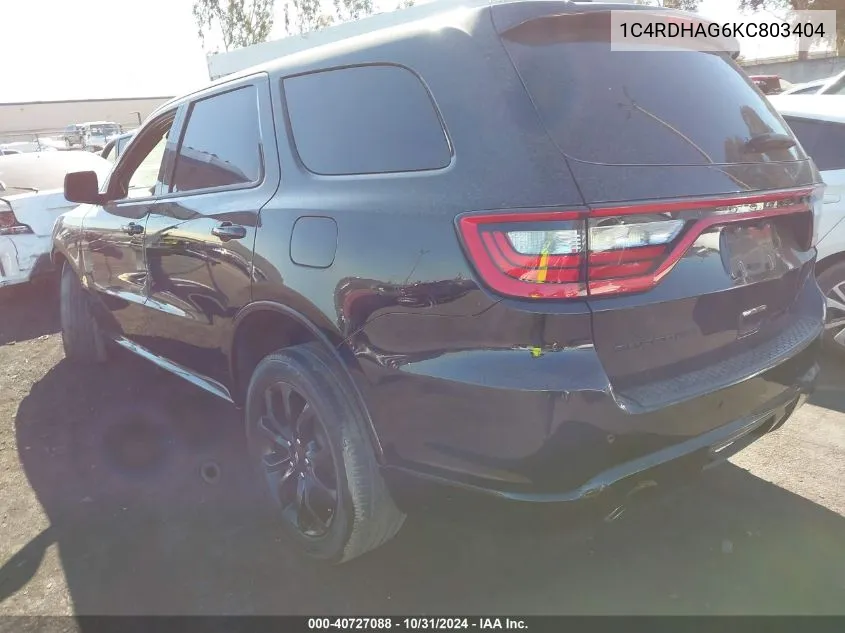 2019 Dodge Durango Sxt Plus Rwd VIN: 1C4RDHAG6KC803404 Lot: 40727088