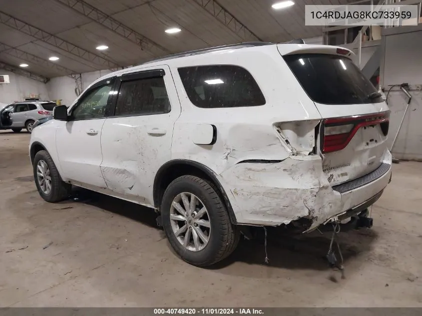 2019 Dodge Durango Sxt Awd VIN: 1C4RDJAG8KC733959 Lot: 40749420