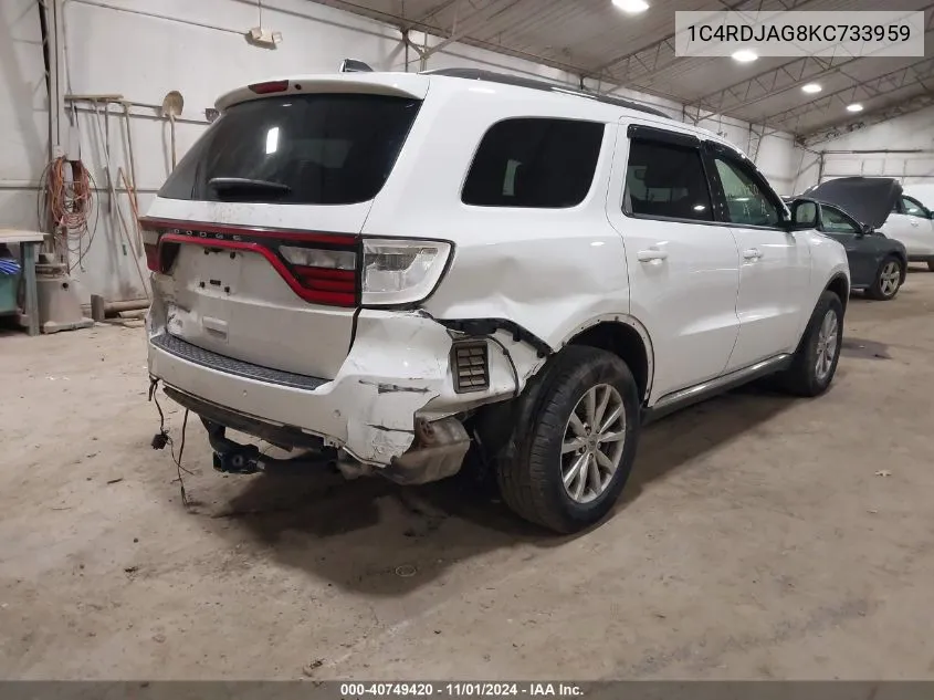 2019 Dodge Durango Sxt Awd VIN: 1C4RDJAG8KC733959 Lot: 40749420