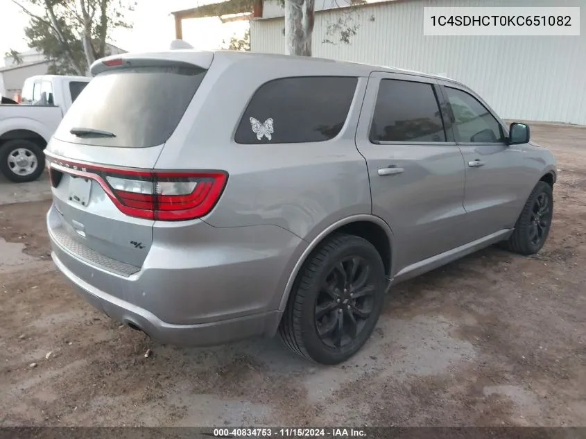 2019 Dodge Durango R/T Rwd VIN: 1C4SDHCT0KC651082 Lot: 40834753