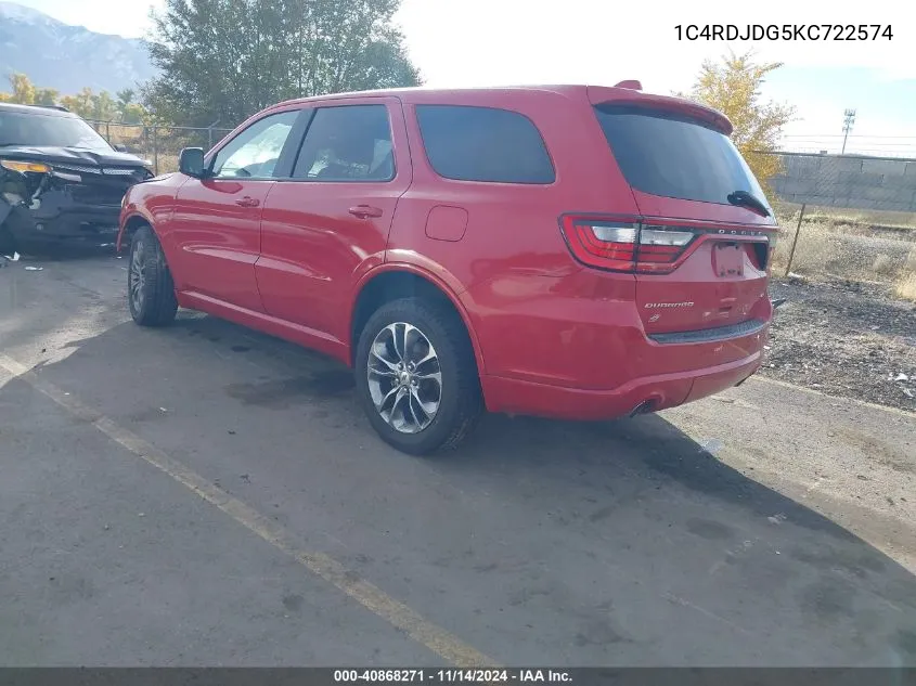 2019 Dodge Durango Gt Plus Awd VIN: 1C4RDJDG5KC722574 Lot: 40868271