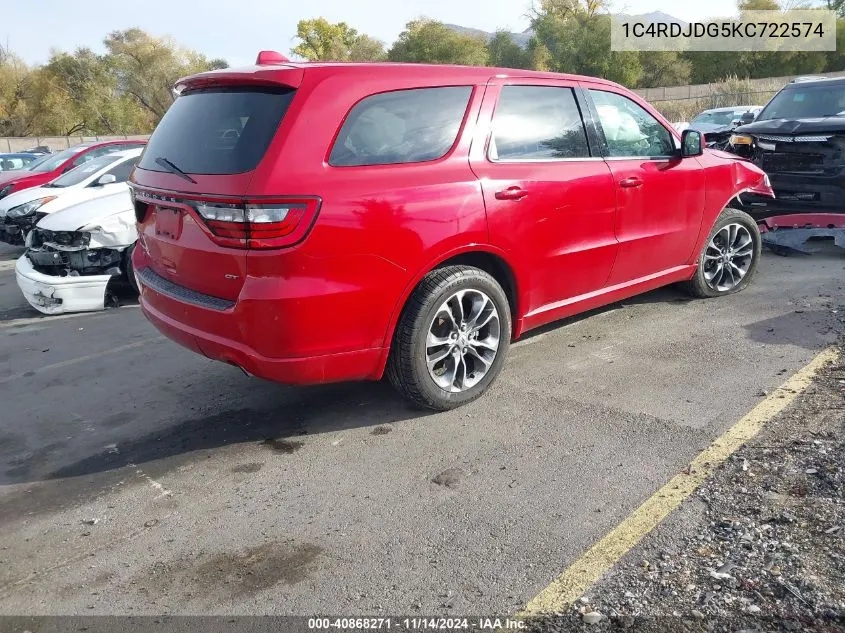 2019 Dodge Durango Gt Plus Awd VIN: 1C4RDJDG5KC722574 Lot: 40868271